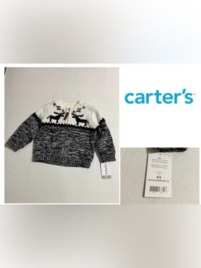 🆕CARTER’S - 9M - NWT - INFANT BOYS BLACK WHITE MOOSE KNIT CARDIGAN SWEATER